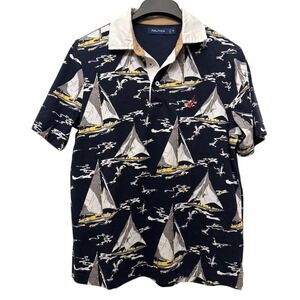 Nautica Men's Classic Fit‎ Sailboat Print Rugby Polo Shirt Blue Short Sleeve XS